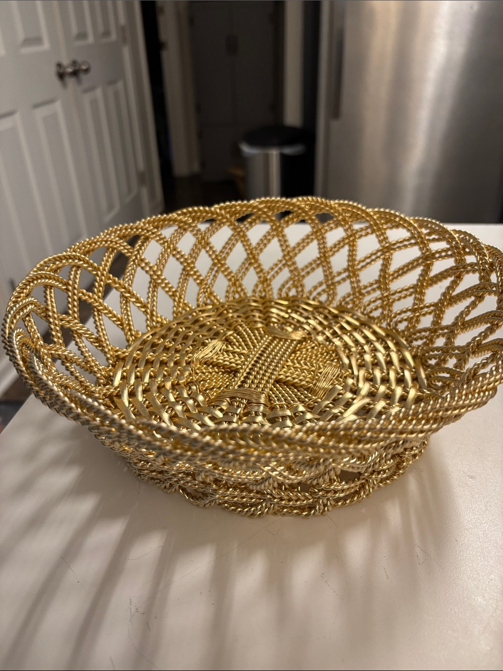Vintage Gold Metal Woven Wire Basket Round Sturdy Made in India 9”